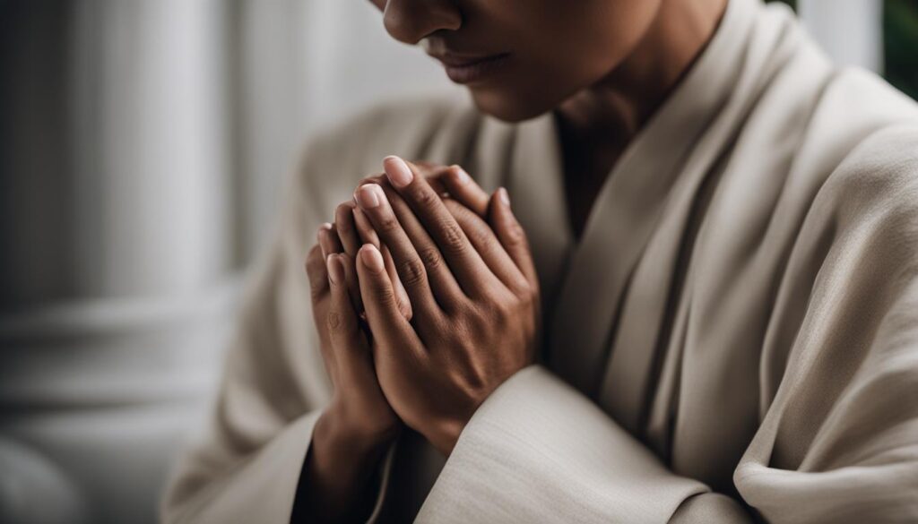 meditating person using traditional prayer hands